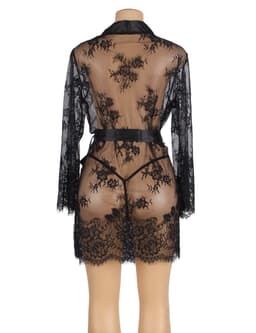 Sexy Lingerie - Elegante Erotische Babydoll - Kimono - Satijn met Kanten verwerking met lange mouw + bijpassende String - Sexy Teddy - kleur Zwart - Maat XS/S — thumbnail 7