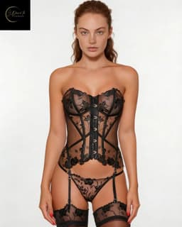 Luxe Lingerieset Dames – Sexy Lingerie – Erotische Lingerie Set – Corset Lingerie met Jarretels en Kousen – Transparante Kant – Strapless & Transparante Bandjes – 4-delige Cadeau Set – Zwart Kant – Chique Boudoir Lingerie – Dare to Undress – XS, S, M — thumbnail 8