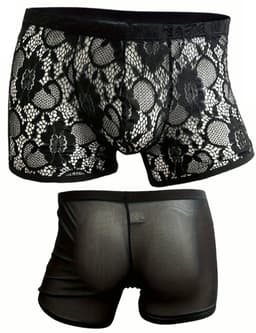 Zwarte Kanten Boxershort voor Mannen – Sexy Lange Pijpen Boxershort met Transparant Kant - Maat M - Black Transparent Lace Boxer Shorts for Men — thumbnail 2
