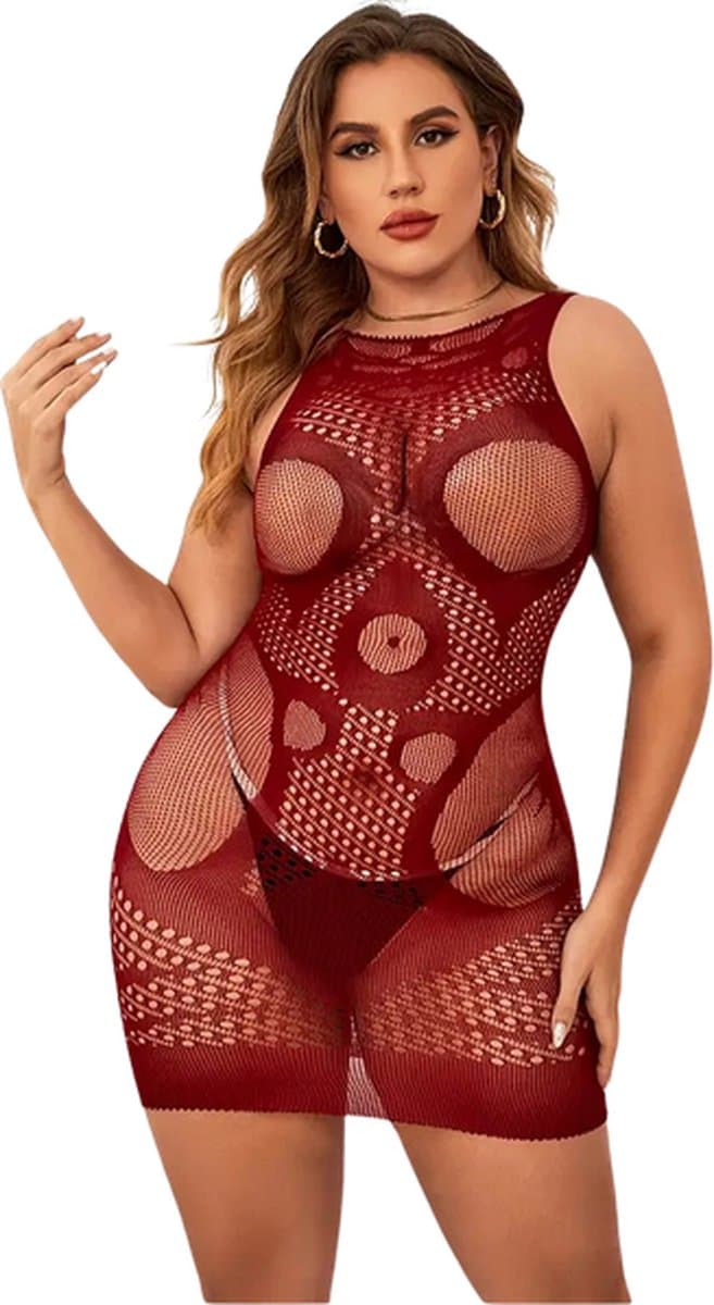 LekkerStout Plus Size Jacquard Bodycon Jurk - Bordeaux - Sexy Lingerie | M-XL | ( LS024 ) — afbeelding 1