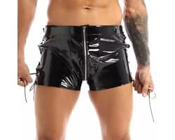 Korte porno broek mannen - Latex wetlook - Open pijpen met touw - Open kruis functie - Short