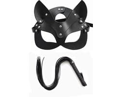 Cat Masker en Zweep Set Zwart Leer - Kattenmasker met Flogger - BDSM Accessoires Set - Fetish Masker en Whip Kit - One Size - Rollenspel Set - La Nuita