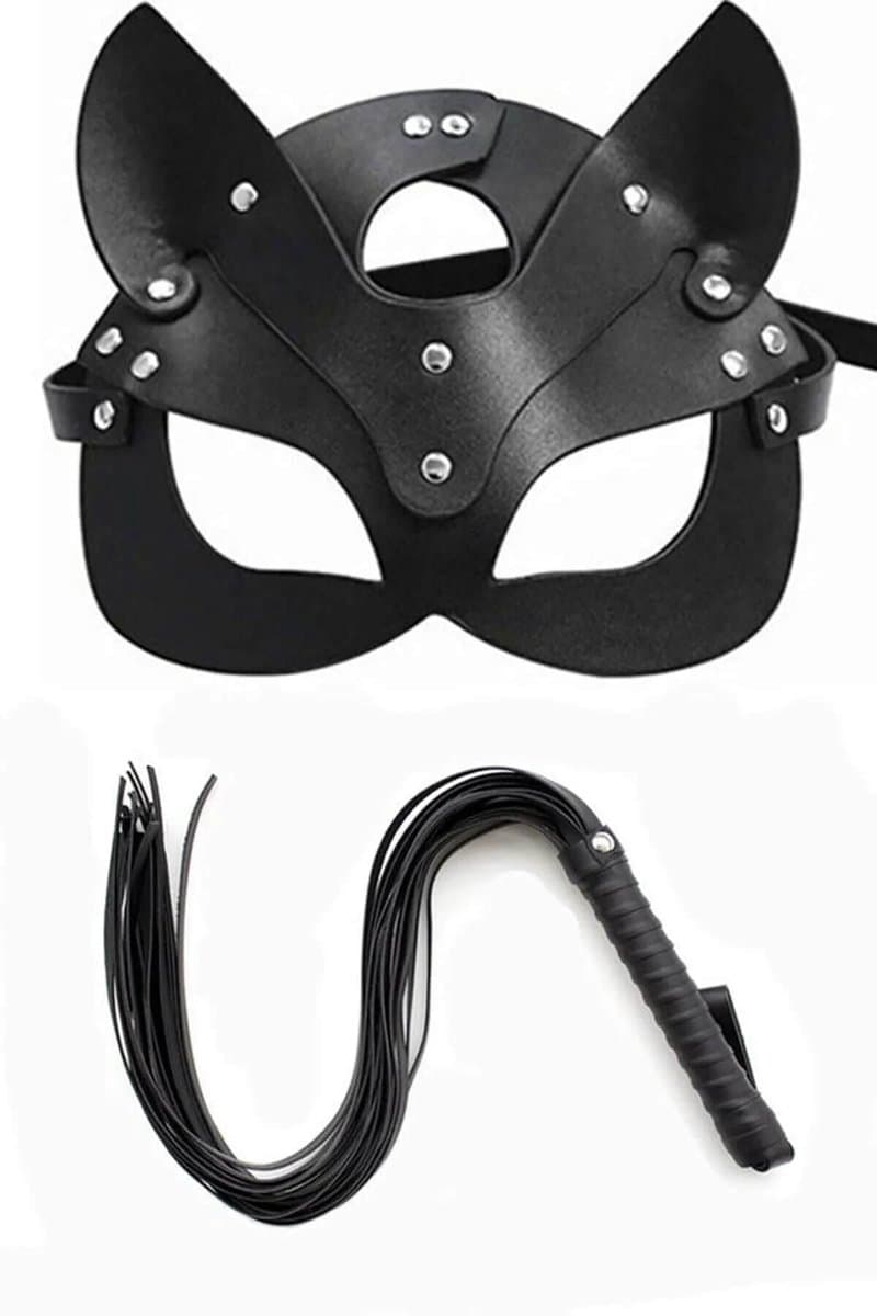 Cat Masker en Zweep Set Zwart Leer - Kattenmasker met Flogger - BDSM Accessoires Set - Fetish Masker en Whip Kit - One Size - Rollenspel Set - La Nuita — afbeelding 1