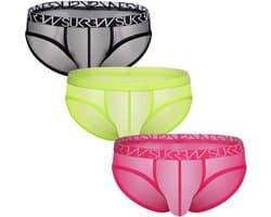 SUKREW Sheer Low-rise Brief Multipack 1x Underground Black + 1x Acid Yellow + 1x Elect Pink - MAAT S - Erotisch Heren Ondergoed - Slip voor Man - Sexy mannen Slip