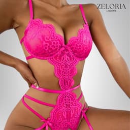 Zeloria Mirella Lingerie Set met Open Kruis – Luxe Kant Bodysuit met Bandjes – Roze – L — thumbnail 1