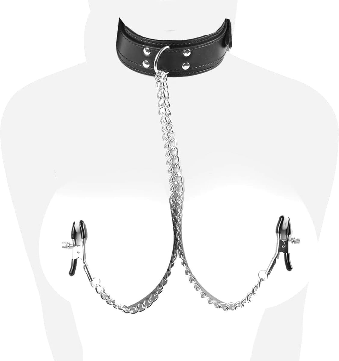DOWO® - Halsband met tepelklemmen – Halsband - Body Bondage - Kunstleer - Sexy Lingerie - Erotiek Riem – SM - BDSM - Sex Toys voor Koppels - Seksspeeltjes voor mannen en vrouwen — afbeelding 1