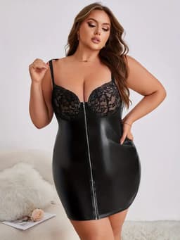 Leatherlook & Kant Sexy Jurkje – Plus Size – Lingerie Erotisch – Lingerie Sexy Setje – Luxe Sensuele Lingerieset – Leren PU Lingerie Jurkje – Wetlook/Latex – Verleidelijk & Mysterieus – Inclusief string – Kinky – BDSM – Maat S, M, L, XL, XXL — thumbnail 2