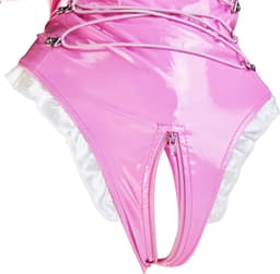 BamBella® Slip Onderbroek - Maat L/XL - Erotische Sexy BDSM Lingerie Dames - Roze rits ondergoed Datex mix latex en stof wetlook open kruis — thumbnail 4