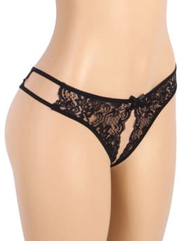 Zwarte Kanten String met Open Kruis – Black Lace Thong with Open Crotch - Sexy Erotische Dames Lingerie – Maat XXL — thumbnail 3