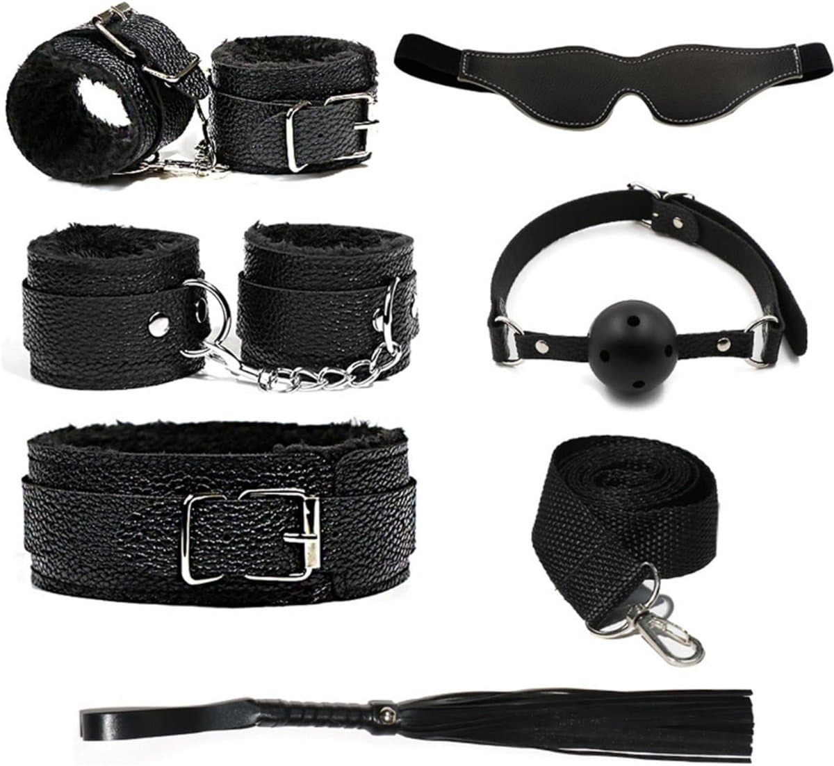 Sex Toys voor Koppels - 7 Delen Set - SM Pakket - Bondage - Vastbinden - Kit - Startset - Handboeien - Zwart BDSM — afbeelding 1