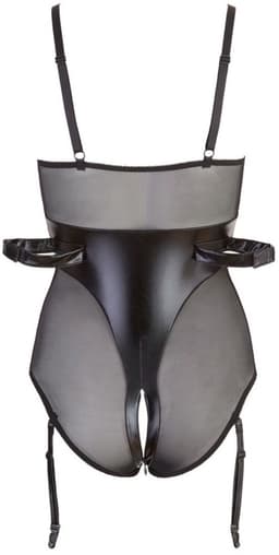 Cottelli Collection – Bondage Jarretel Body Wetlook met Elleboog Riemen en Tepel Sluiting – Maat XL – Zwart — thumbnail 4