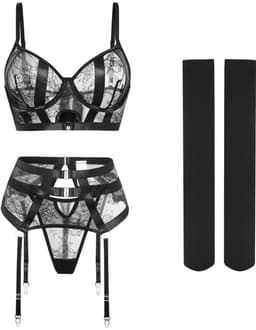 Luxe Lingerieset Dames – Lingerie Erotisch – Sexy Lingerie – 4-delige set – Kant – Lingerie Setje – Verleidelijke BH met Jarretels, Hoge Taille String & Kousen – Sexy Lingerie – Chique – Luxe –Boudoir Look – Kinky – Erotisch – Maat XS/S, M, L, XL — thumbnail 5