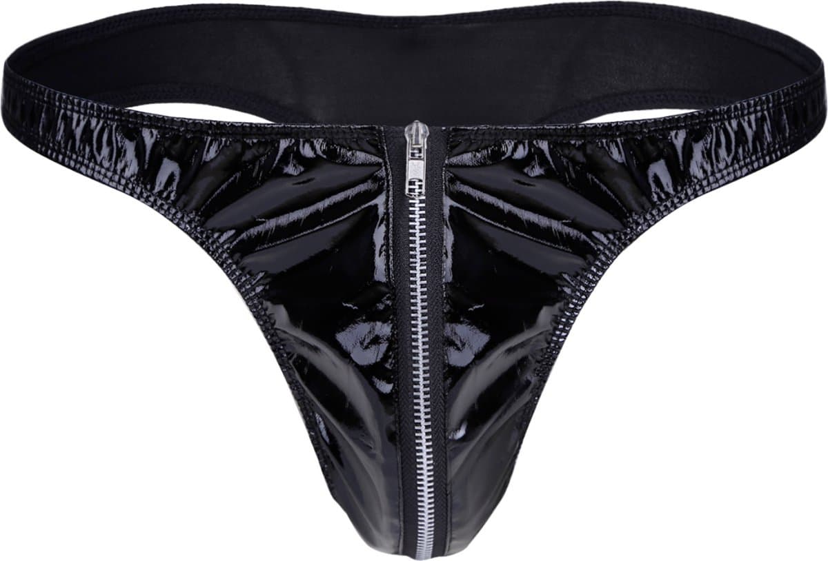 Heren Slip met Rits - Latex Look - String Zwart - Sexy Design - Mannen String - Ondergoed Maat L — afbeelding 1