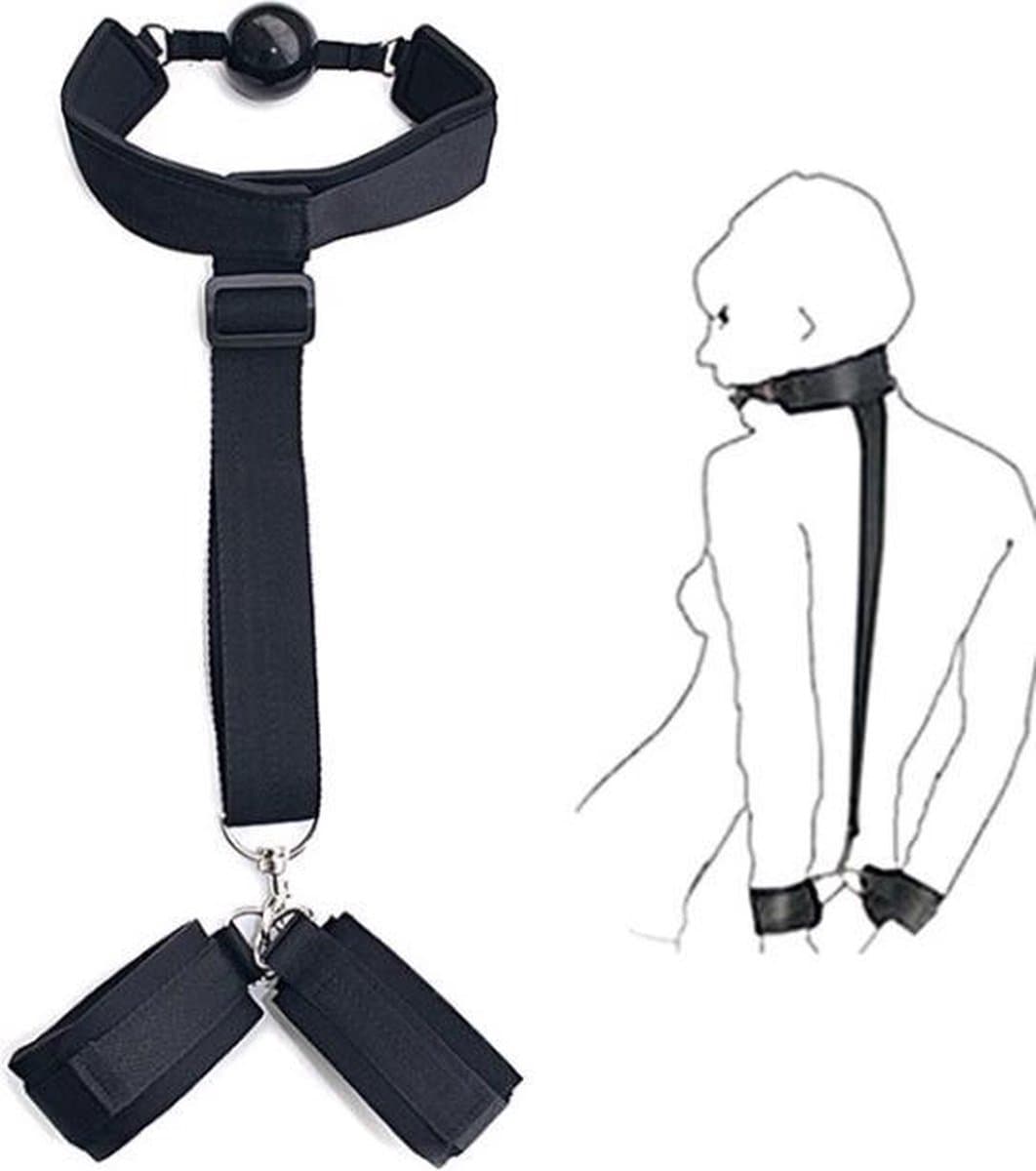 Bondageset- SM Mondbal met handboeien- Gagball-Bondagekit- seksspeeltjes- Gag ball met aaneengesloten halsband en handboeien voor onderdanigheid- zwart - BellaSupplies — afbeelding 1