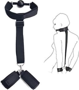 Bondageset- SM Mondbal met handboeien- Gagball-Bondagekit- seksspeeltjes- Gag ball met aaneengesloten halsband en handboeien voor onderdanigheid- zwart - BellaSupplies — thumbnail 1