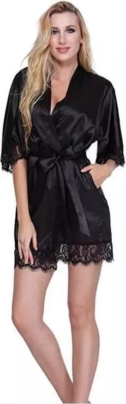 Sexy dames kimono - Zwart - Kant - Avondjas - Maat S/M - Satijnen badjas - — thumbnail 1