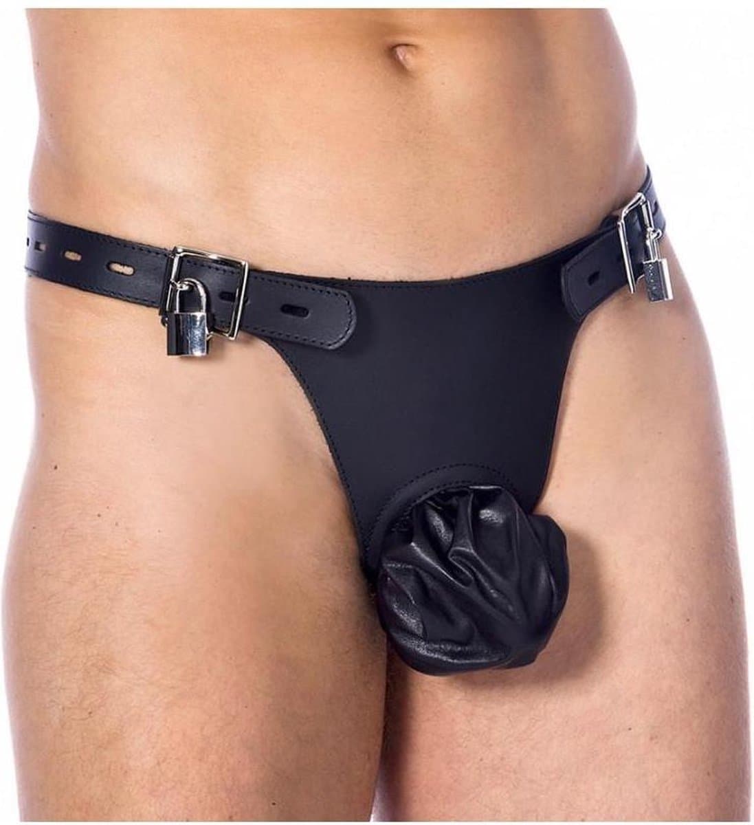 Rimba Bondage Play - Kuisheid Slip Voor Mannen Met Twee hangsloten - Leer - Verstelbaar - Zwart — afbeelding 1