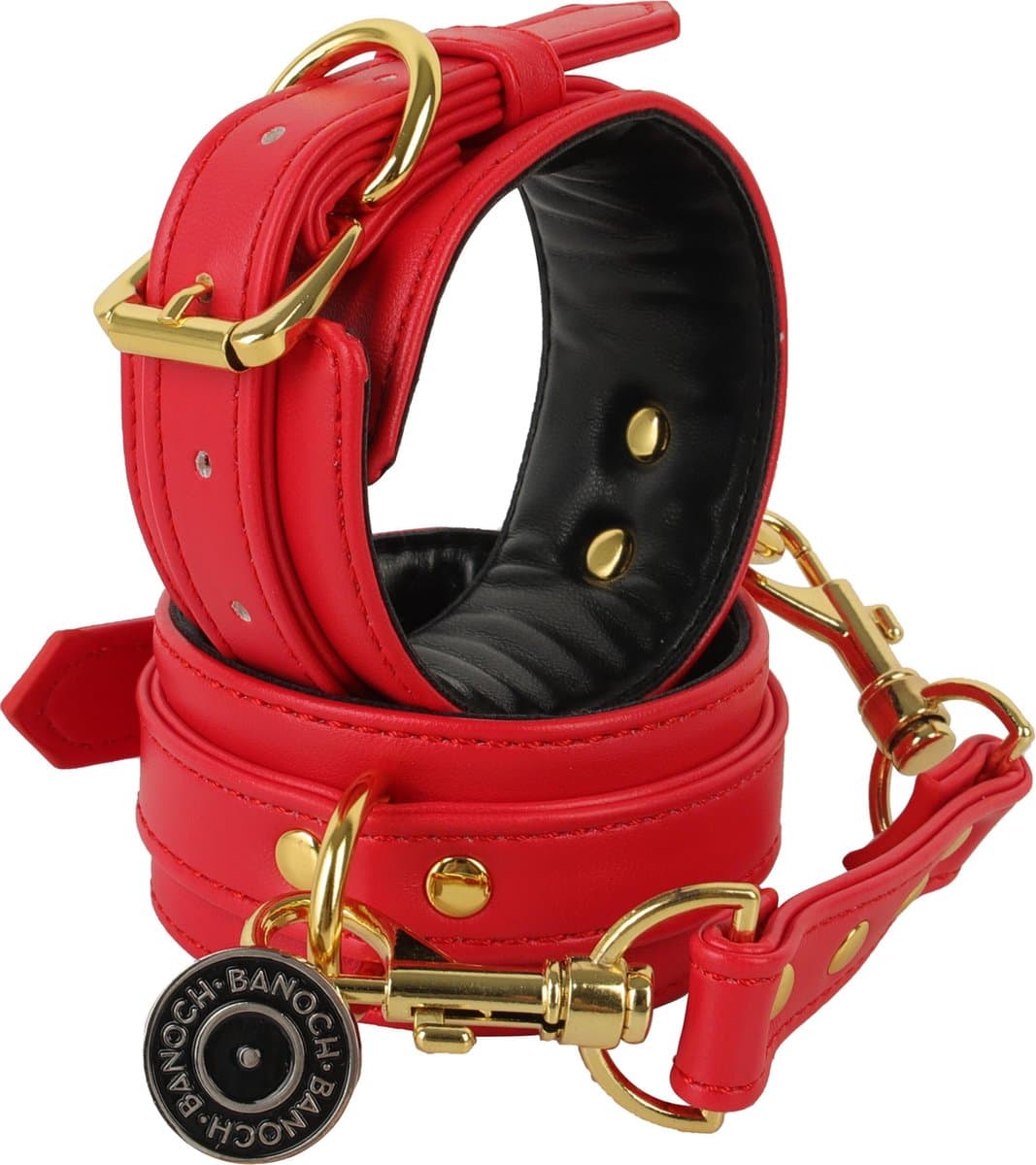 Banoch | handboeien van pu leer | rood / goud | bondage — afbeelding 1