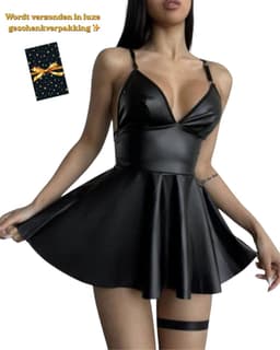 Latex Wetlook Sexy Jurkje – Lingerie Erotisch – Zwart – Lingerie Setje – Luxe Lingerieset – Leren PU Lingerie Jurkje – Leatherlook – Verleidelijk & Mysterieus – Inclusief Chocker – Kinky – BDSM – Festival Outfit – Clubwear – Wasteland – S, M, L, XL — thumbnail 8