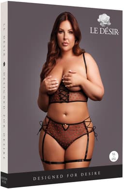 Two Piece Set with Underwired Open-Cup Bra and Panty with Laced Up Details - One Size - Black — thumbnail 3