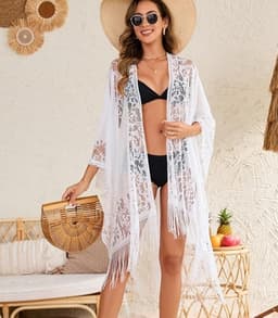 Sexy Elegante Kant Kimono Strand Cover-up voor Dames, Badpak Cover-up, Zwemkleding Omslagdoek voor Vakantie, Zwembad, Strand en Feest — thumbnail 3