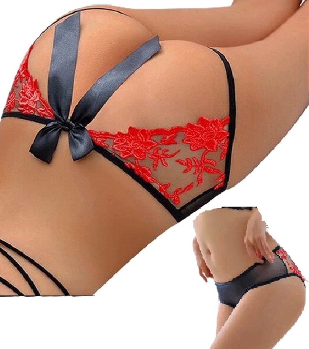 Sexy Slipje Met Open Billen I Met Strik I Sexy String I Erotisch Lingerie I Erotisch Ondergoed I One Size I Zwart/Rood — afbeelding 1