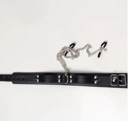 Bdsm Collar met tepelklemmen Bondage - Erotiek - Slave - Tepelklemmen - Lederen Ketting — thumbnail 4