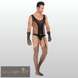 Heren Bodystocking Jarretel Design - Zwart - Visnet - Sexy Herenondergoed - One Size S-XL (46-52) | LS159 — thumbnail 4