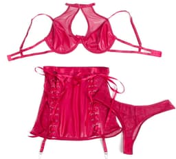 Zeloria PU Leren Lingerie Set met Rokje en Jarretelles – Halter Lingerie Set Dames – Rood – L — thumbnail 3