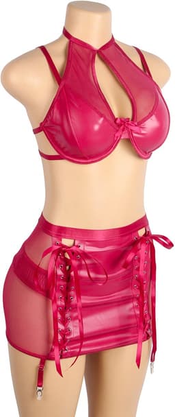 Zeloria PU Leren Lingerie Set met Rokje en Jarretelles – Halter Lingerie Set Dames – Rood – L — thumbnail 4