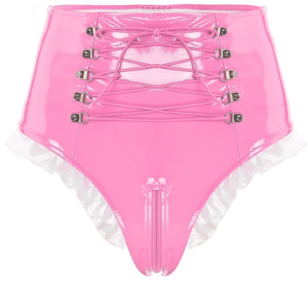 BamBella® Slip Onderbroek - Maat L/XL - Erotische Sexy BDSM Lingerie Dames - Roze rits ondergoed Datex mix latex en stof wetlook open kruis — afbeelding 1