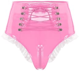 BamBella® Slip Onderbroek - Maat L/XL - Erotische Sexy BDSM Lingerie Dames - Roze rits ondergoed Datex mix latex en stof wetlook open kruis — thumbnail 1