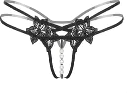 Sexy String met Parels - Kralen - Zwart - Erotisch Design met Bloemen - One Size String - Dames Onderbroek Open Kruis - Lingerie / Ondergoed — thumbnail 3