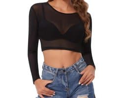 Transparante Sexy Crop Top van Mesh voor Casual en Clubwear - Tulle Blouse met Lange Mouwen in Zwart
