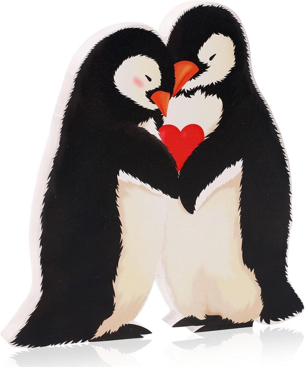 Houten Decoratie Pinguïn Liefdespaar Cadeau voor Jubileum en Valentijnsdag — afbeelding 1