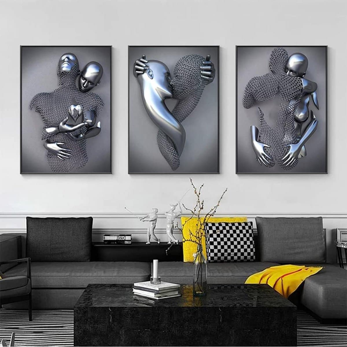 Abstracte Canvasprint Set van 3 - Romantisch Portret in Grijstinten - Modern Wanddecor voor Woonkamer en Slaapkamer - 21 x 30 cm — afbeelding 1