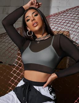 Transparante Sexy Crop Top van Mesh voor Casual en Clubwear - Tulle Blouse met Lange Mouwen in Zwart — thumbnail 2