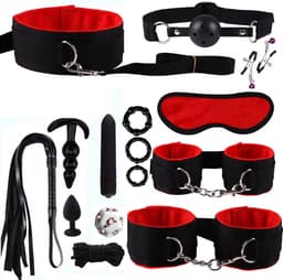 15-delige BDSM Sex Speeltjes Set - Erotische Bondage Set met Vibrator, Handboeien, Buttplugs, Zweep, en Meer - Volwassen Speelgoed voor BDSM Spelletjes en Intiem Spel - Rood — thumbnail 1