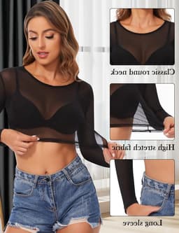 Transparante Sexy Crop Top van Mesh voor Casual en Clubwear - Tulle Blouse met Lange Mouwen in Zwart — thumbnail 4