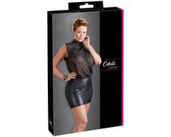 Cottelli Plus Size – Sexy Licht Transparante Mini Jurk met Brede Wetlook Ondergedeelte – Maat 4XL - Zwart