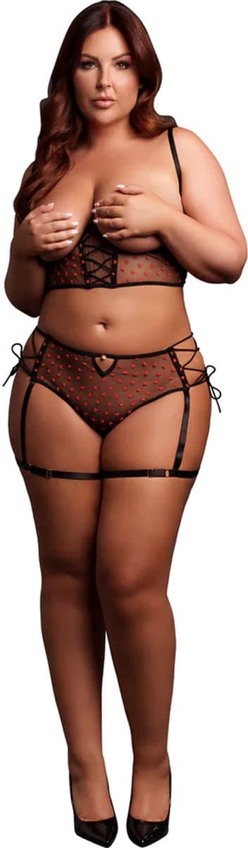 Two Piece Set with Underwired Open-Cup Bra and Panty with Laced Up Details - Plus Size - Black — afbeelding 1