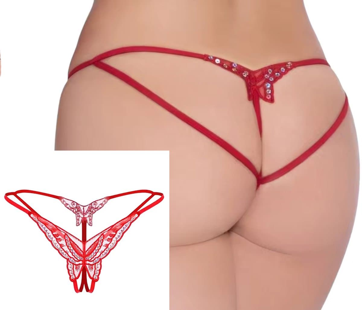 CHPN - Sexy string - Peek-a-boo string - Vlinder - Rode string met open kruis - Rood - Vlinder string - Sexy lingerie - Erotische string - Seks- en Pikant slipje — afbeelding 1