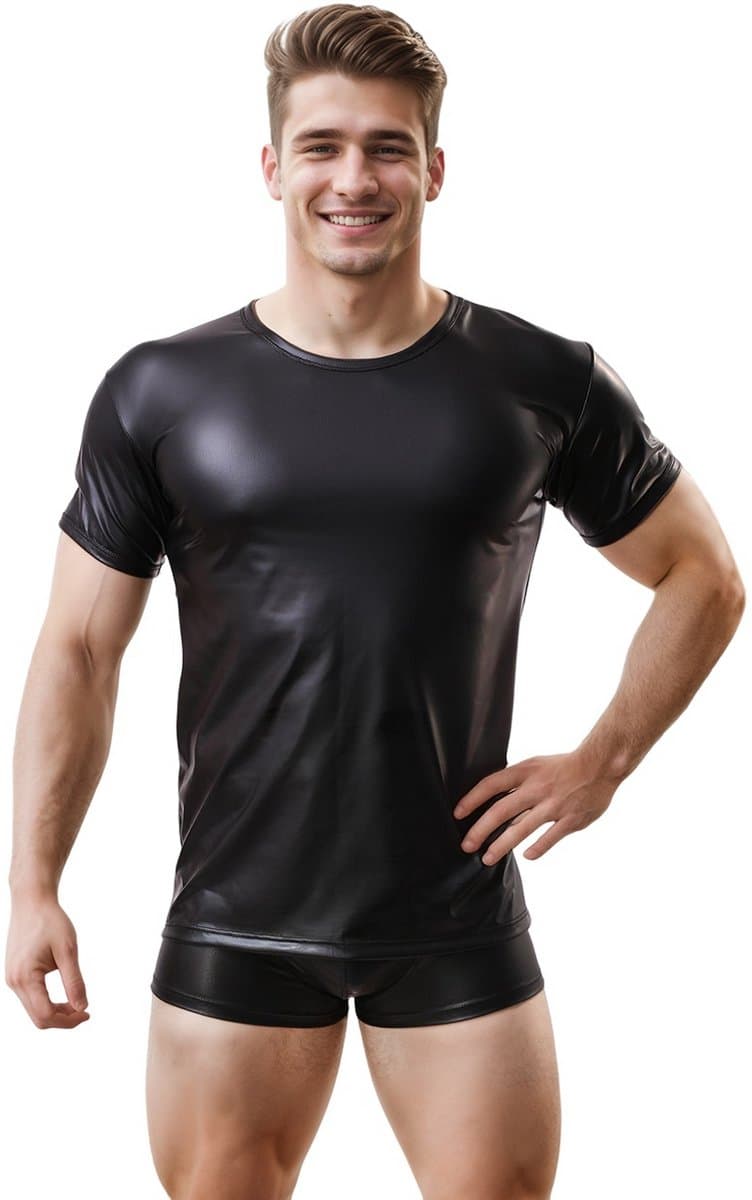 Glanzend wetlook shirt heren – maat M – strakke fetish clubwear kleding – korte mouw t-shirt voor mannen — afbeelding 1