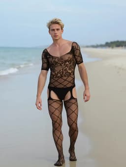 LekkerStout Heren Body met Netkousen - Zwart - Sexy Herenlingerie | S-L | ( LS166 ) — thumbnail 2