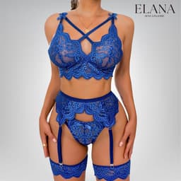Elana Sorina – Luxe Kant Lingerie Set met Bh, String & Jarretels – Verleidelijke Dames Lingerie – S – Blauw — thumbnail 5