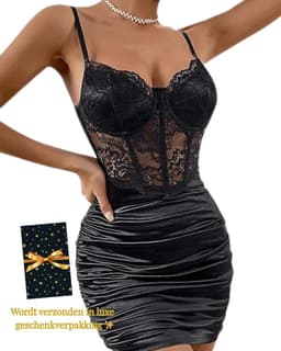 Sexy Zwarte Jurk Dames – Sexy Lingerie – Erotische lingerie – Lingerie Erotisch – Kant & Satijn Bodycon Jurk – Boudoir Lingerie Look – Corset Jurk – Madam Hommard – Clubwear – Festival Verleidelijke Mini Dress – Dare to Undress – Maat XS, S, M, L, XL — thumbnail 1