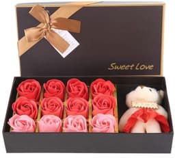 12 Rozen Zeep Bloemen Gift Set voor Vrouwen - Romantisch Valentijnsdag Cadeau met Pluche Beer — thumbnail 1