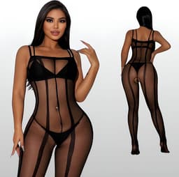 Plus Size Transparante Bodystocking met Open Kruis - Zwart - Erotische Lingerie - One Size L-XL (40-42) | LS031 — thumbnail 1