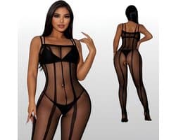Plus Size Transparante Bodystocking met Open Kruis - Zwart - Erotische Lingerie - One Size L-XL (40-42) | LS031