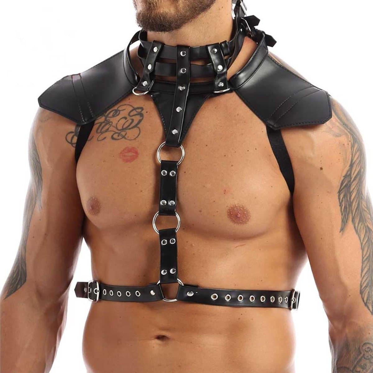 Heren Bondage Harnas - PU Leder - BDSM - Borst - Choker - Torso - Zwart — afbeelding 1
